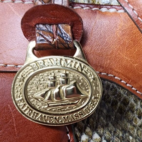 Brahmin Louise Rose Embossed Snakeskin Leather Satchel Handbag Brown Trim Strap - Picture 6 of 16